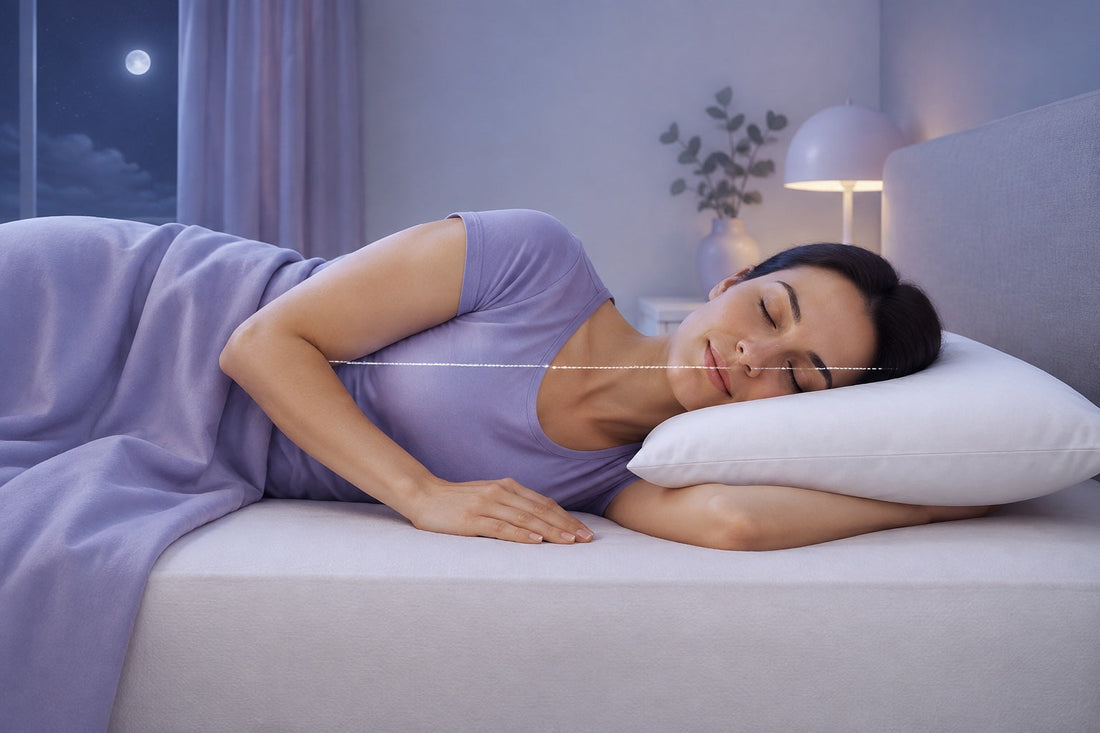 Side sleeper with head supported at a neutral-looking pillow height