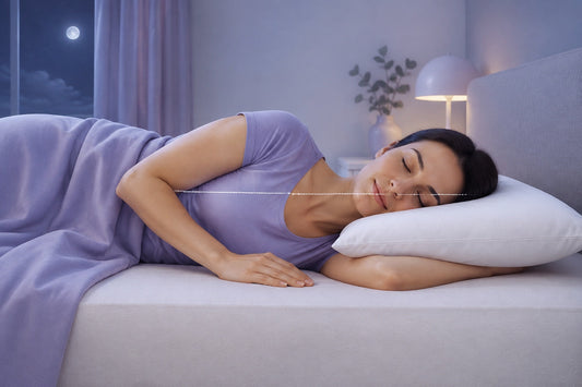 Side sleeper with head supported at a neutral-looking pillow height