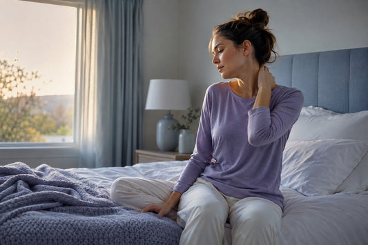 Person waking up and gently touching a stiff neck in a calm bedroom